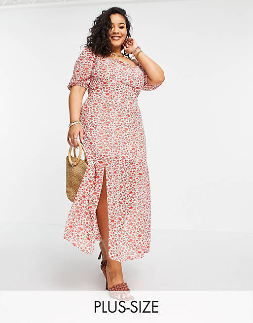 In The Style Plus x Jac Jossa puff sleeve maxi dress with thigh split in red floral print