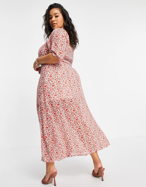 In The Style Plus x Jac Jossa puff sleeve maxi dress with thigh split in red floral print, 2 of 4