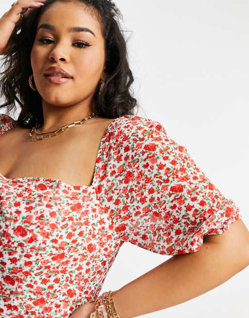 In The Style Plus x Jac Jossa puff sleeve maxi dress with thigh split in red floral print, 3 of 4