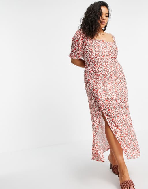 In The Style Plus x Jac Jossa puff sleeve maxi dress with thigh split in red floral print, 4 of 4