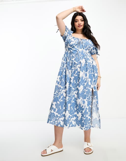 In The Style Plus x Jac Jossa - Robe mi-longue à imprimé fleuri avec manches bouffantes et décolleté en cœur - Bleu