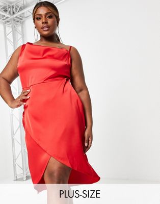 Femme In The Style Plus x Jac Jossa - Robe mi-longue asymétrique fendue à l'avant avec col bénitier - Rouge