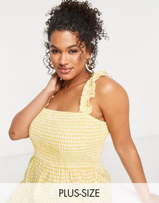 In The Style Plus x Jac Jossa square neck tiered midi dress in yellow check