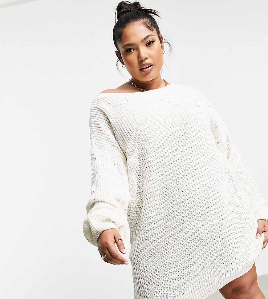 In The Style Plus x Jac Jossa sweater dress with off-shoulder neckline in cream-White