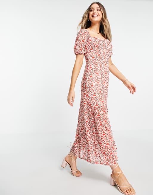 In The Style Plus x Jac Jossa - Vestito lungo con maniche a sbuffo e spacco sulla coscia, colore rosso con stampa a fiori