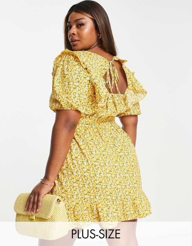 In The Style Plus x Jac Jossa volume sleeve mini tea dress in yellow floral print