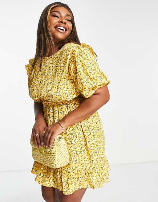 In The Style Plus x Jac Jossa volume sleeve mini tea dress in yellow floral print, 2 of 4