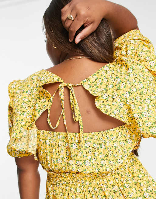 In The Style Plus x Jac Jossa volume sleeve mini tea dress in yellow floral print, 3 of 4