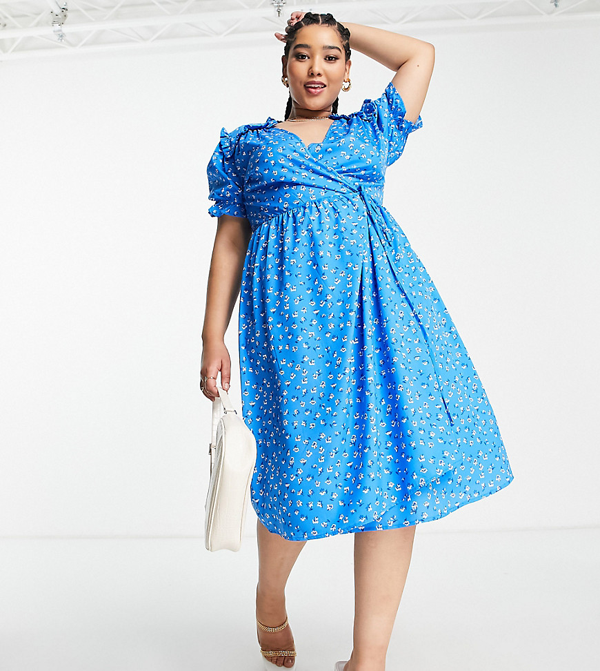 In The Style Plus x Jac Jossa wrap detail frilly sleeve belted midi dress in navy floral-Multi