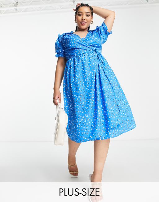 In The Style Plus x Jac Jossa wrap detail frilly sleeve belted midi dress in navy floral