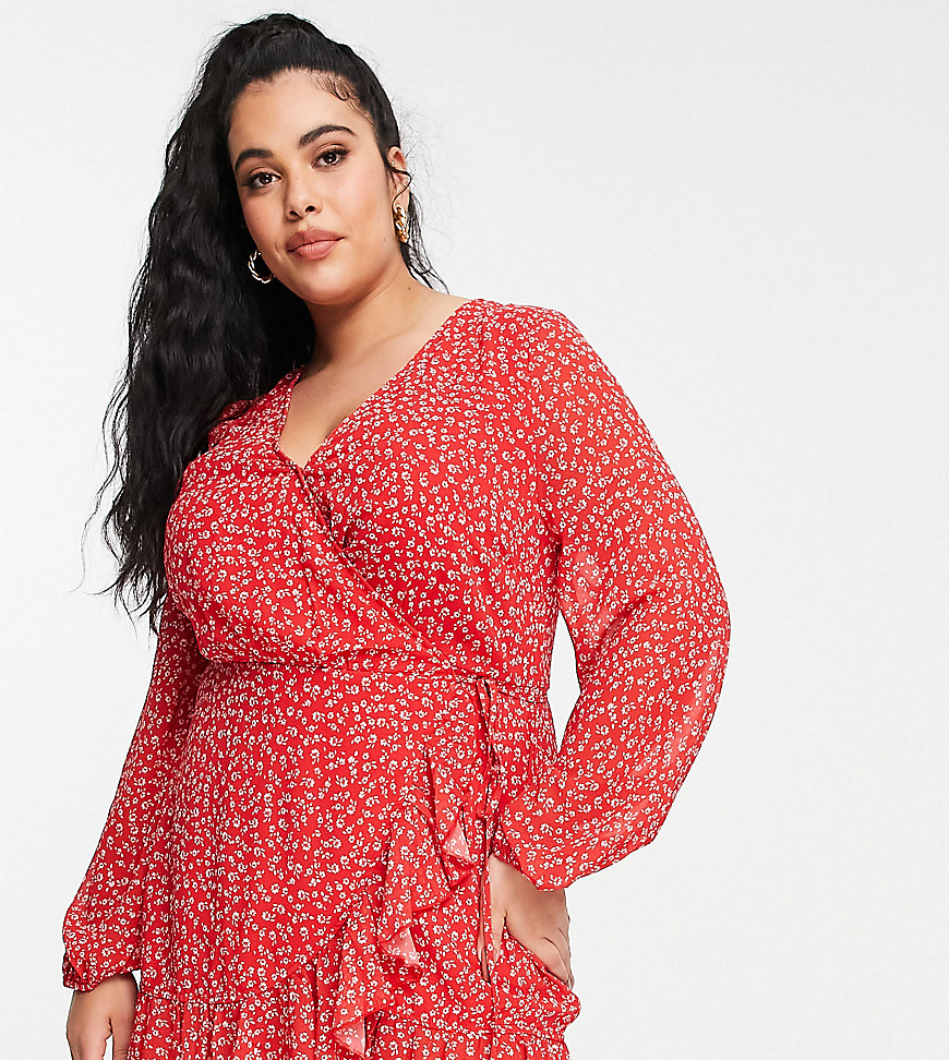 Plus-size dress by In The Style Collaboration with Jacqueline Jossa Floral print V-neck Wrap front Volume sleeves Tie side Ruffle trims Regular fit True to size