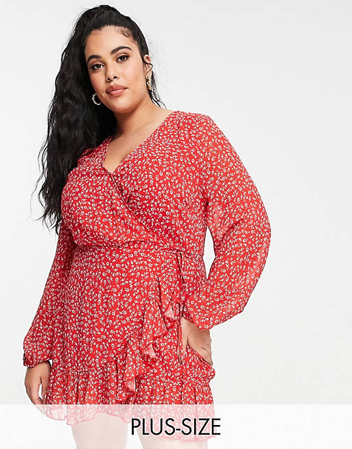 In The Style Plus x Jac Jossa wrap detail volume sleeve mini dress in red floral print