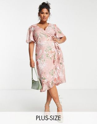 In The Style Plus x Jac Jossa wrap frill midi dress in blush floral print
