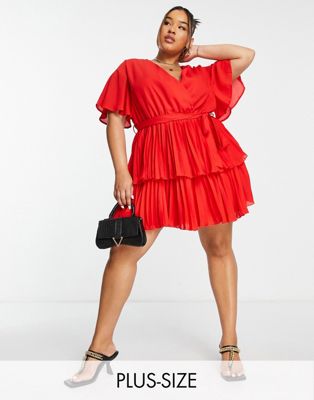 In The Style Plus x Jac Jossa wrap front mini pleated skirt mini dress in red