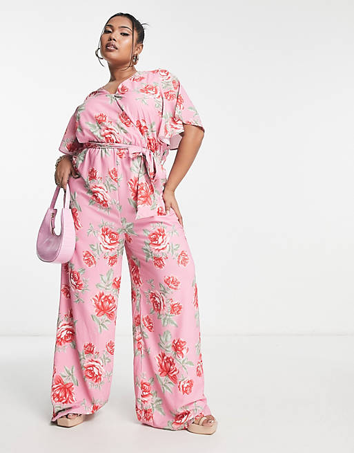 In The Style Plus x Jess Millichamp rose print wrap front jumpsuit in pink 