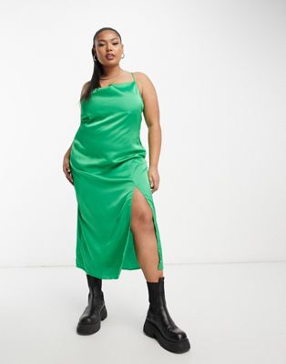 In The Style Plus exclusive satin cowl neck midaxi dress in green
