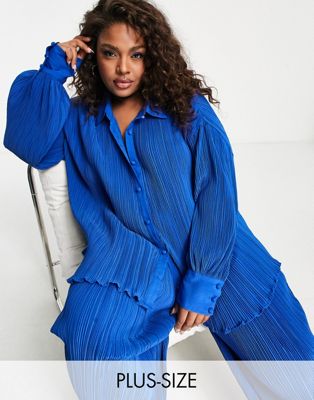 In The Style Plus exclusive plisse shirt co-ord in blue