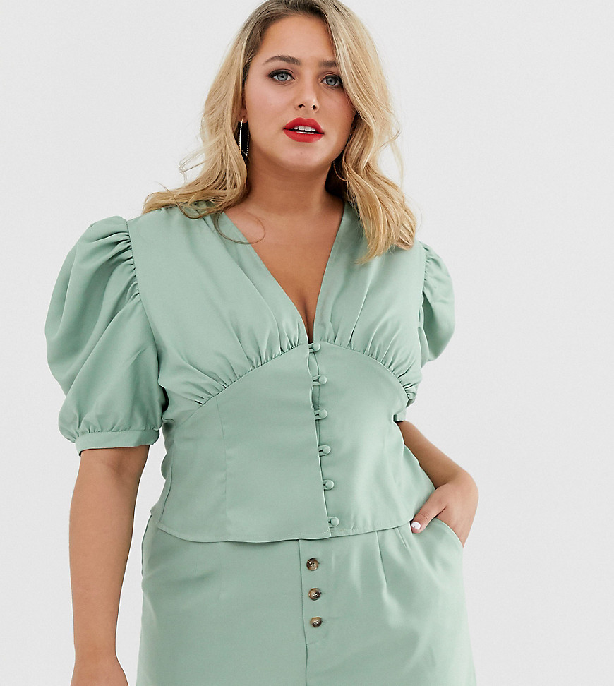 In The Style Plus x Laura Jade - Geplooide blouse met ballonmouwen in groen-Multi