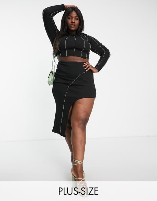In The Style Plus x Liberty - Asymmetrische midirok met dijsplit en contrasterende zichtbare naden in zwart, deel van co-ord set