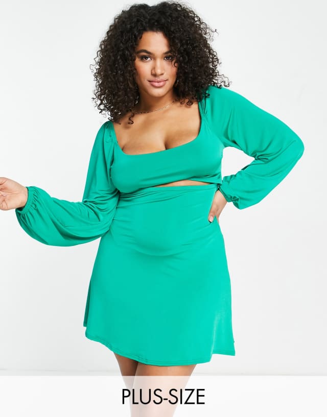 In The Style Plus x Liberty exclusive cut out waist volume sleeve mini skater dress in green