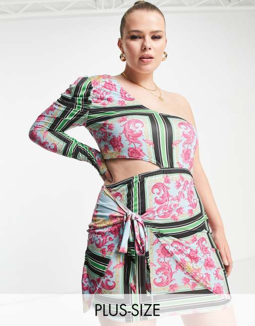 In The Style Plus x Liberty Exclusive – Kolorowa sukienka bodycon w kwiatowy wzór na jedno ramię z wycięciami w talii i trenem