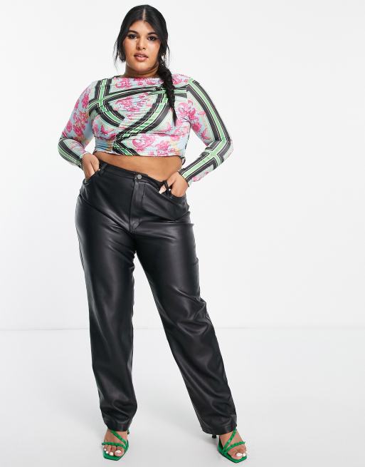 In The Style Plus x Liberty exclusive ruched long sleeve crop top co-ord in multi floral, 3 of 4