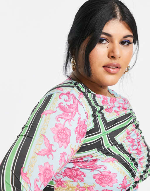 In The Style Plus x Liberty exclusive ruched long sleeve crop top co-ord in multi floral, 4 of 4