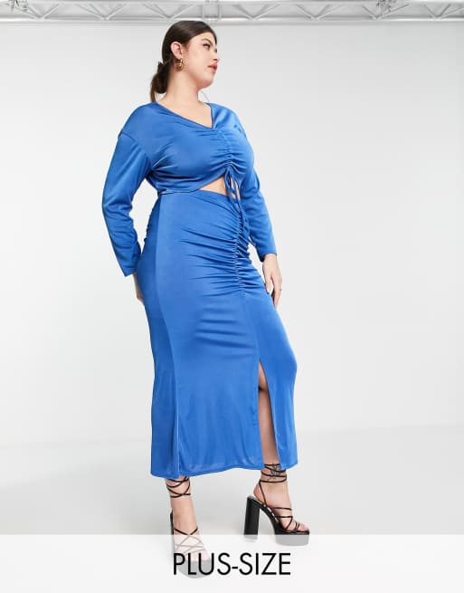 In The Style Plus x Liberty exclusive sleeve ruched detail midi skirt in navy (part of a set)