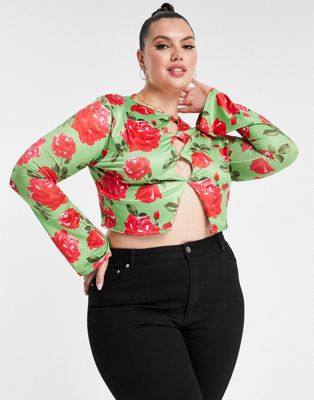 In The Style Plus x Liberty keyhole long sleeve crop top in green floral