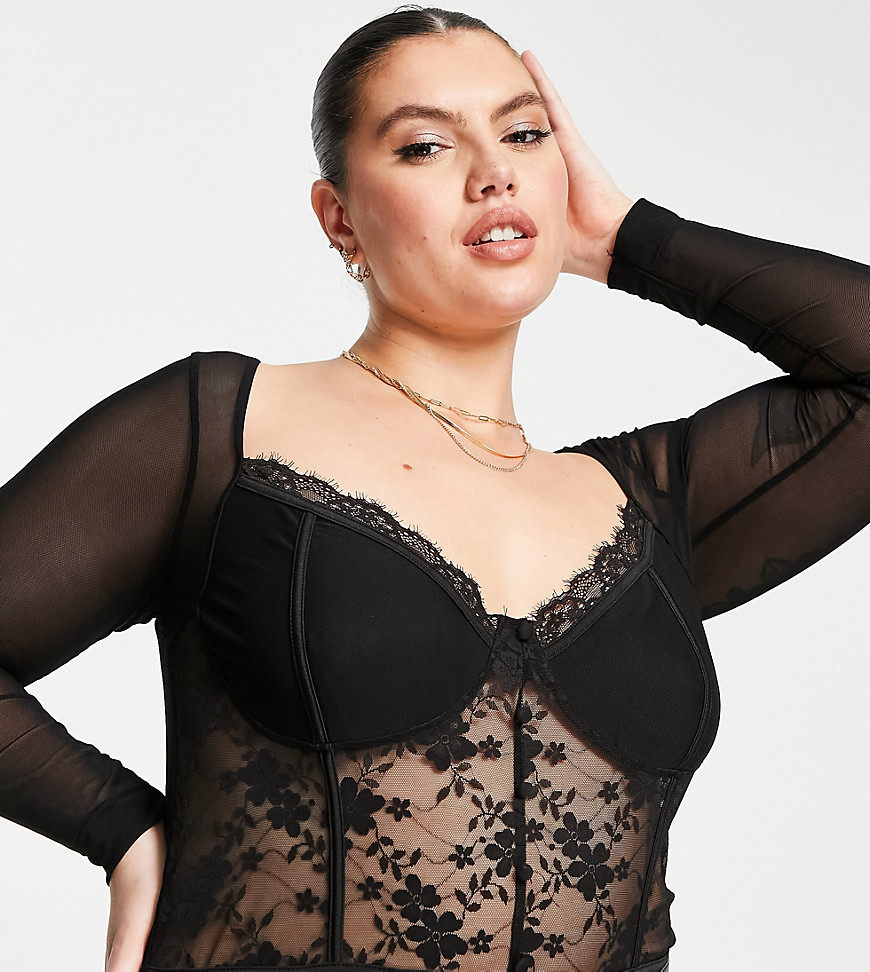 Plus-size bodysuit by In The Style Collaboration with influencer Liberty Poole Sweetheart neck Long sleeves Floral embroidery Lace trims Thong back Bodycon fit