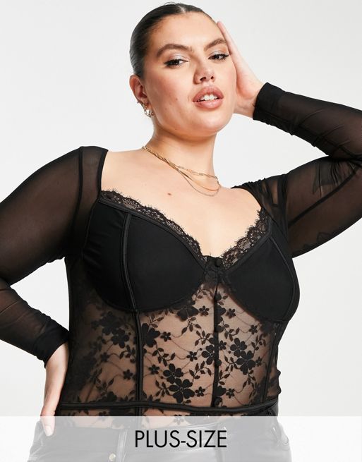 In The Style x Liberty lace bodysuit with mesh sleeves in black