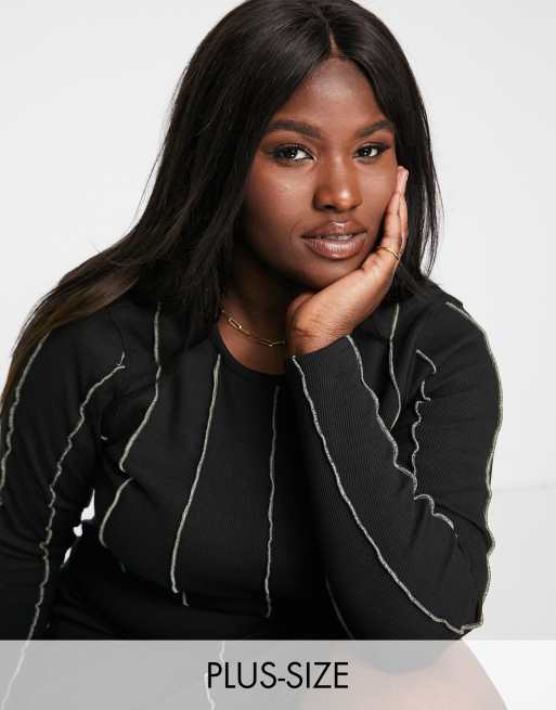 In The Style Plus x Liberty long sleeve top with contrast exposed seam detail co ord in black