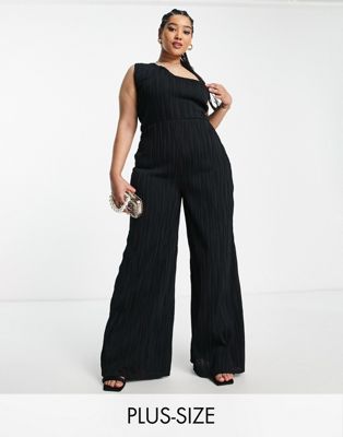 In The Style Plus x Liberty one shoulder wide leg jumpsuit in black