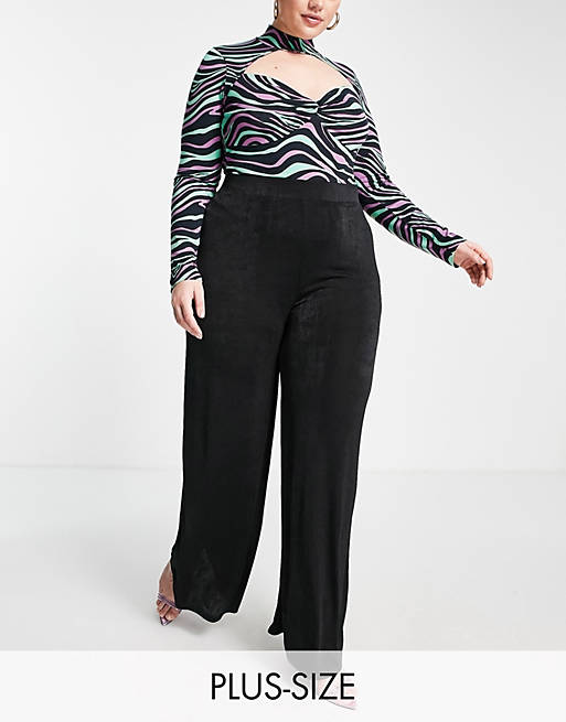 In The Style Plus x Liberty slinky wide leg pants in black (part of a set)