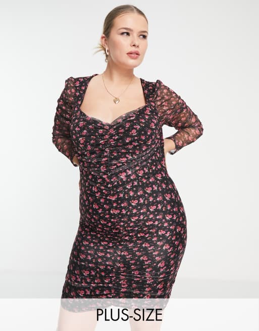 In The Style Plus x Liberty - Sort minikjole med pufærmer og blomstermønster