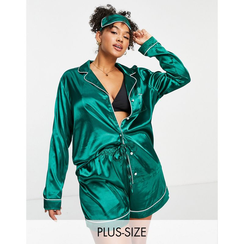 In The Style Plus x Lorna Luxe – 3-teiliger, kurzer Pyjama aus Satin in Smaragdgrün