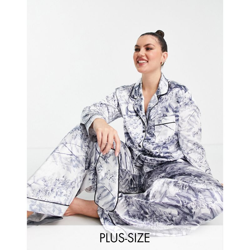 XVhhC Pigiami In The Style Plus x Lorna Luxe - Abbigliamento notte composto da tre pezzi con pantaloni in raso con stampa a fiori invernali