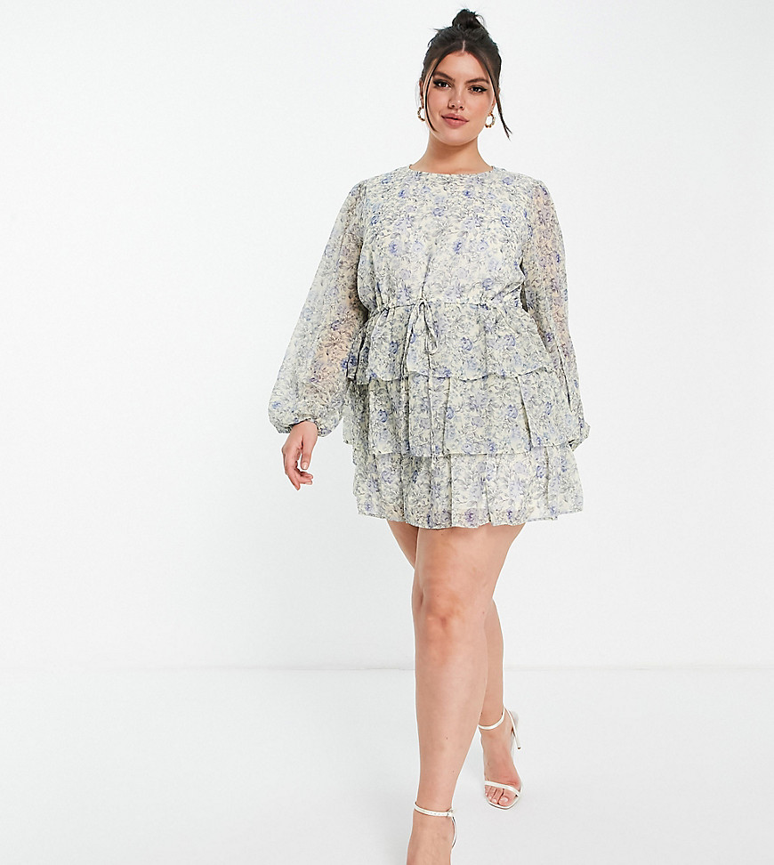 In The Style Plus x Lorna Luxe balloon sleeve tiered smock dress with drawstring in blue floral print-Multi