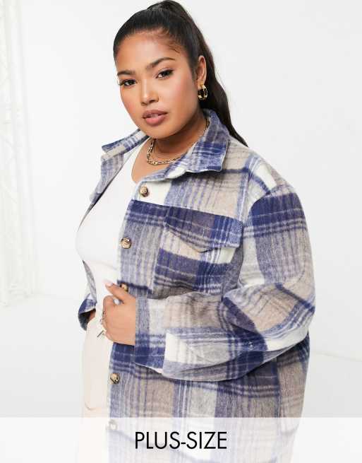 In The Style Plus x Lorna Luxe - Doorgestikt oversized geruit overhemd in blauwe multi, deel van co-ord set