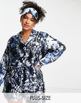 Pyjamas In The Style Plus x Lorna Luxe - Ensemble de nuit 3 pièces avec short en satin à imprimé floral - Bleu marine