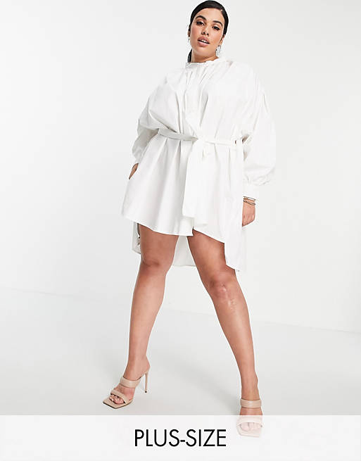 In The Style Plus x Lorna Luxe exaggerated cape sleeve shirt dress in white