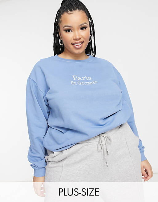 In The Style Plus x Lorna Luxe Exclusive Paris oversized sweat top in dusty blue