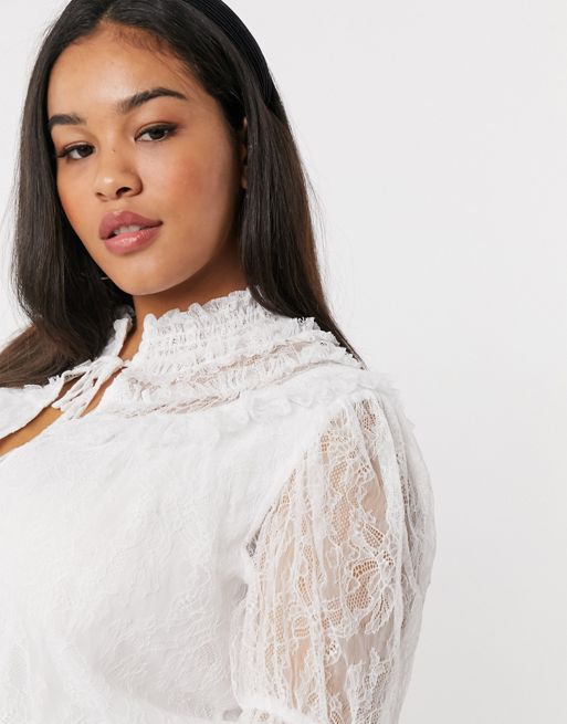 In The Style x Lorna Luxe lace high neck tie detail smock dress in white  floral
