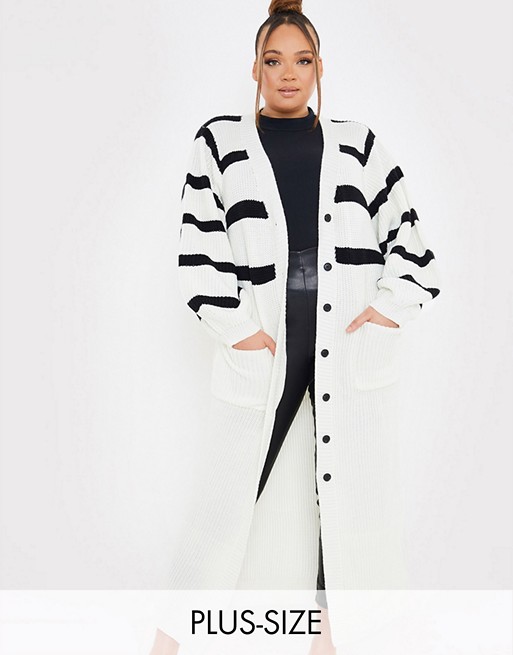 In The Style Plus x Lorna Luxe long line cardi with contrast stripe in white
