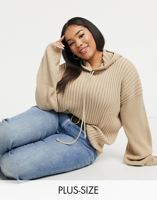 In The Style Plus x Lorna Luxe lullaby ribbed hoody co ord in brown