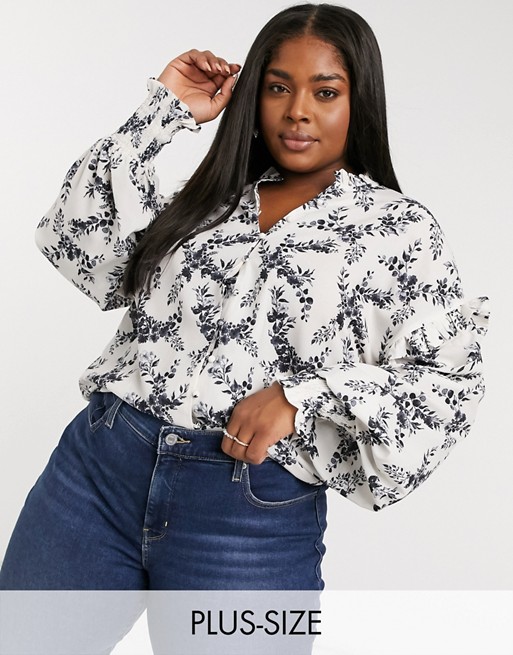 In The Style Plus x Lorna Luxe mono floral blouse in white