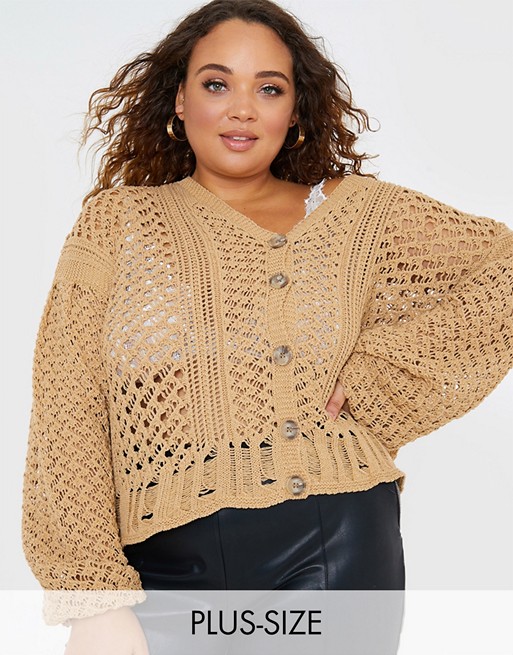 In The Style Plus x Lorna Luxe oversized crochet cardigan in tan
