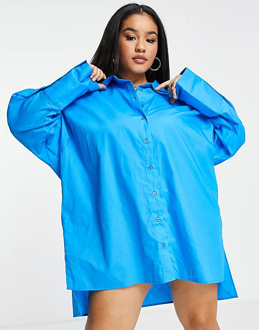 Tops Shirts & Blouses/In The Style Plus x Lorna Luxe oversized shirt dress in blue 