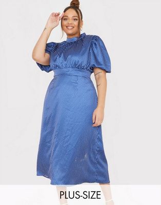 In The Style Plus x Lorna Luxe puff sleeve midi dress in navy polka dot print-Multi