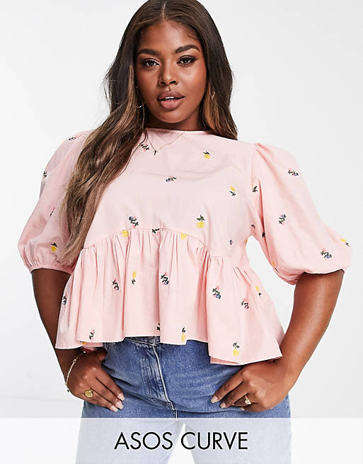 In The Style Plus x Lorna Luxe puff sleeve swing top in pink floral print